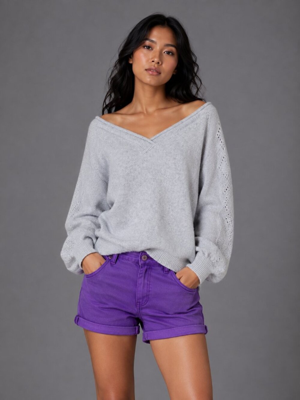 Cashmere Sundance Sweater W/ M Light Grey V-Neck Pointelle LN/NWOT